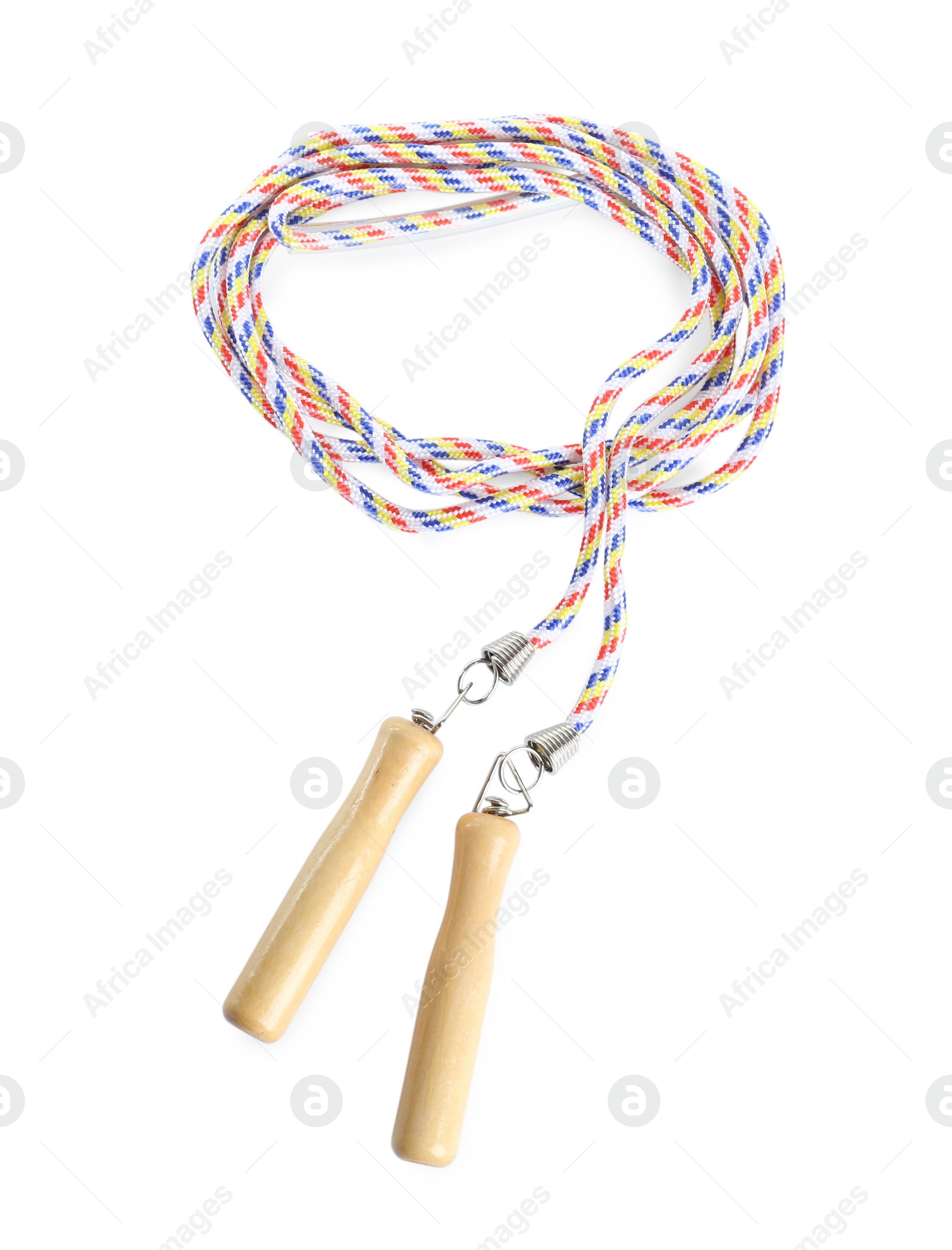 Photo of Colorful skipping rope with wooden handles isolated on white, top view