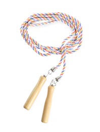 Colorful skipping rope with wooden handles isolated on white, top view