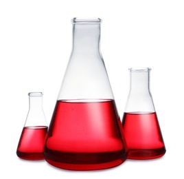 Photo of Conical flasks with red liquid on white background. Laboratory glassware