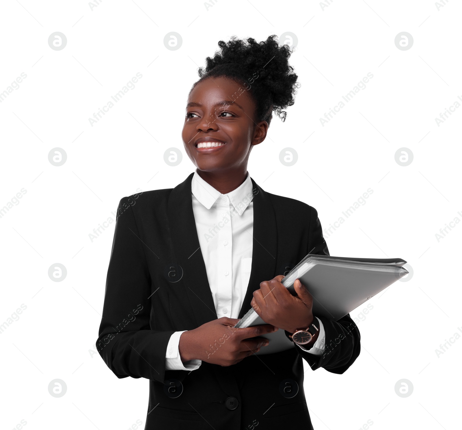 Photo of Portrait of happy woman with folders on white background. Lawyer, businesswoman, accountant or manager