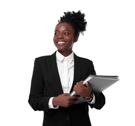 Photo of Portrait of happy woman with folders on white background. Lawyer, businesswoman, accountant or manager