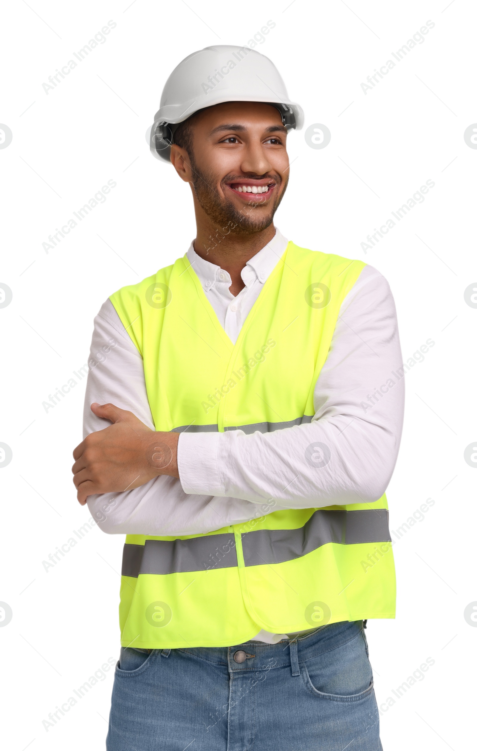 Photo of Engineer in hard hat on white background