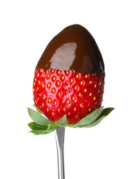 Strawberry with chocolate on fondue fork against white background