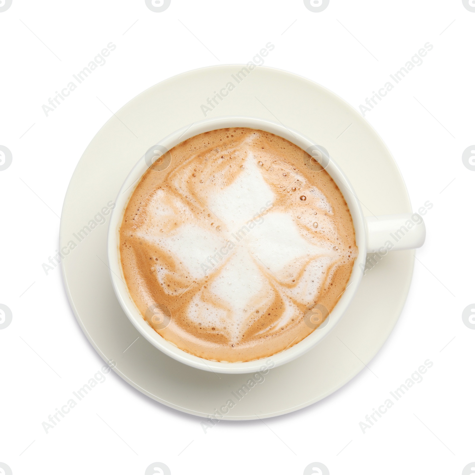 Photo of Cup of hot coffee and saucer isolated on white, top view