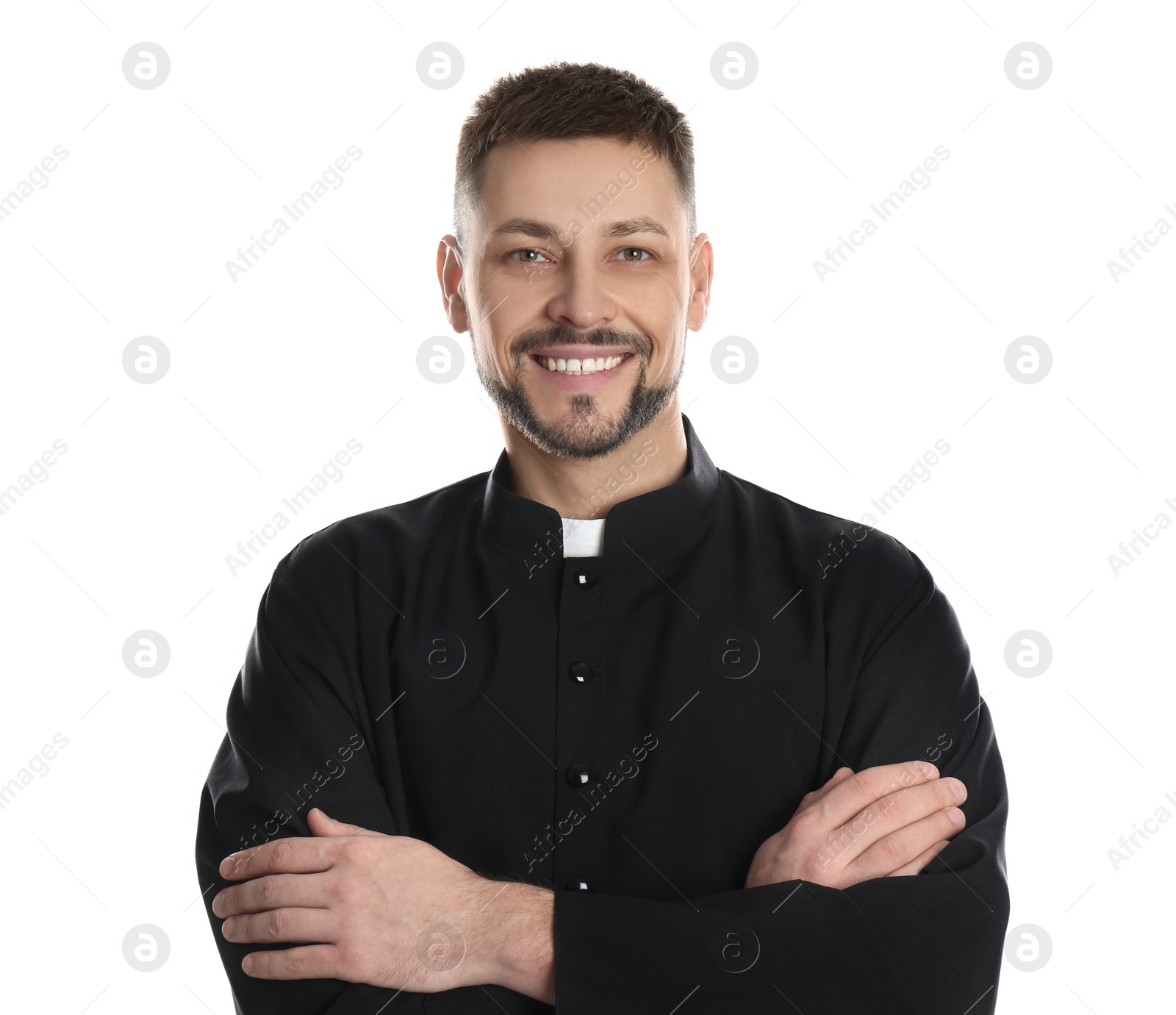 Photo of Priest wearing cassock with clerical collar on white background