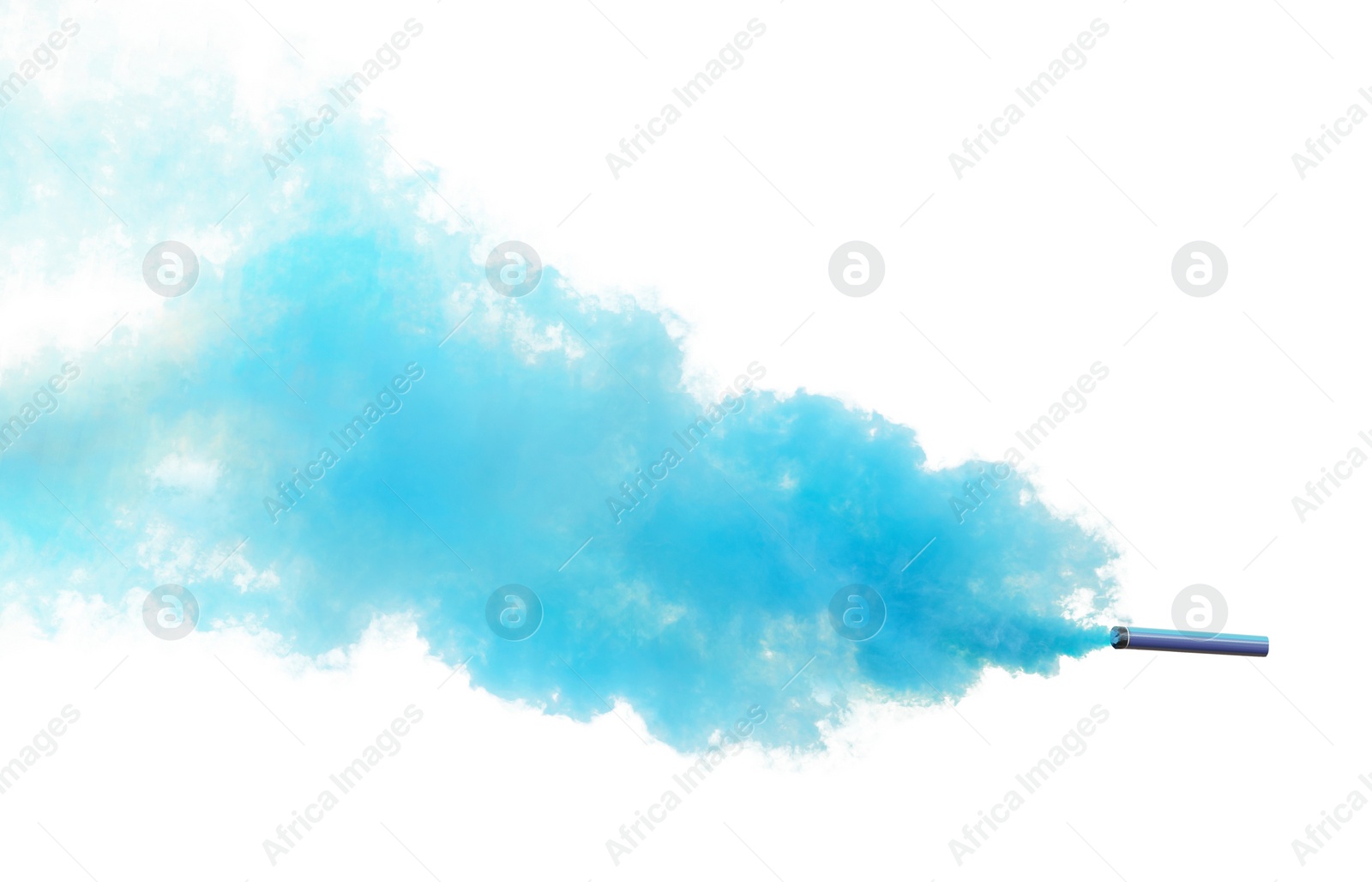 Photo of Woman with blue smoke bomb near white wall outdoors, closeup
