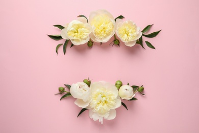 Photo of Fragrant peonies on color background,flat lay with space for text. Beautiful spring flowers