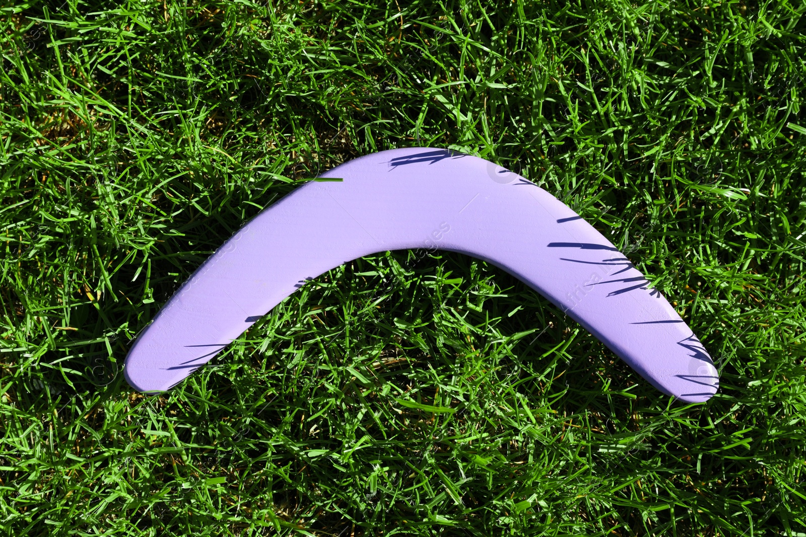 Photo of Violet wooden boomerang on green grass outdoors, above view