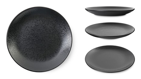 Image of Black ceramic plate isolated on white, set with different views