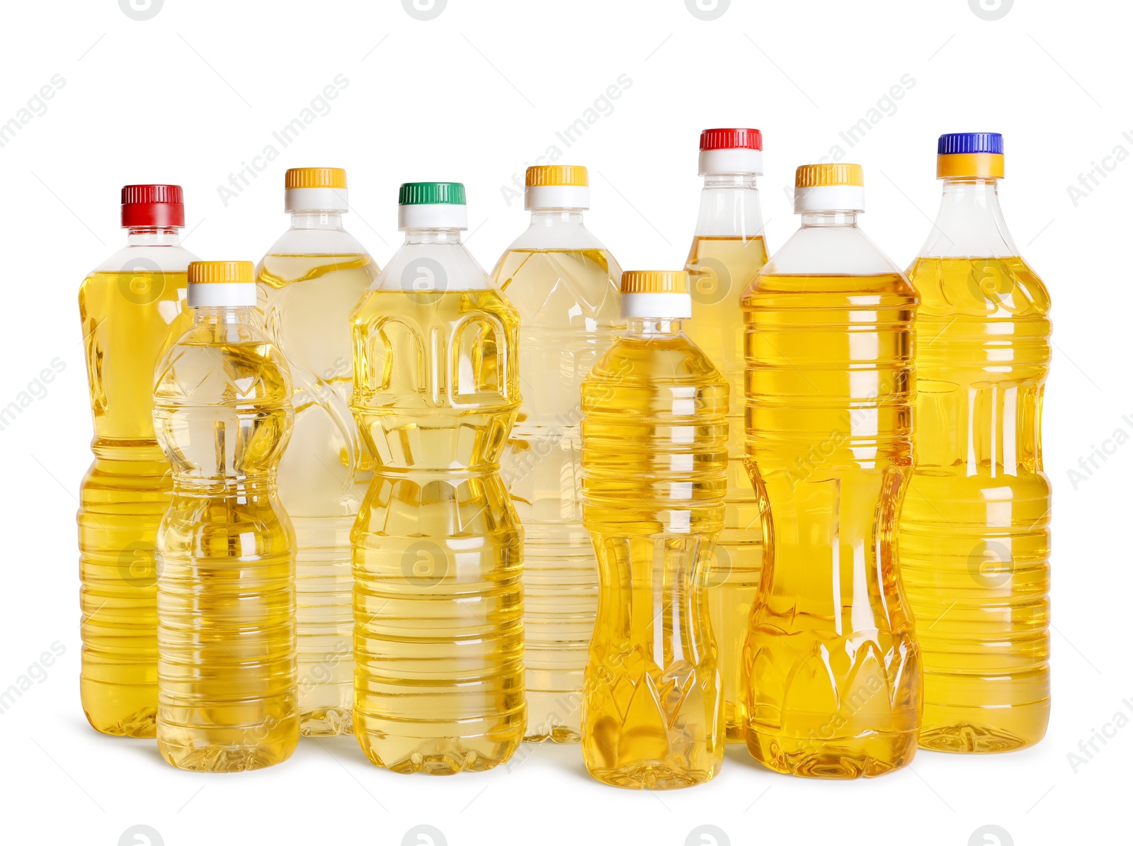 Photo of Bottles of cooking oil on white background