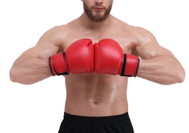 Man in boxing gloves on white background, closeup