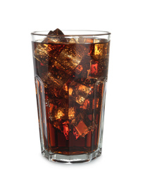 Photo of Tasty cola with ice cubes isolated on white
