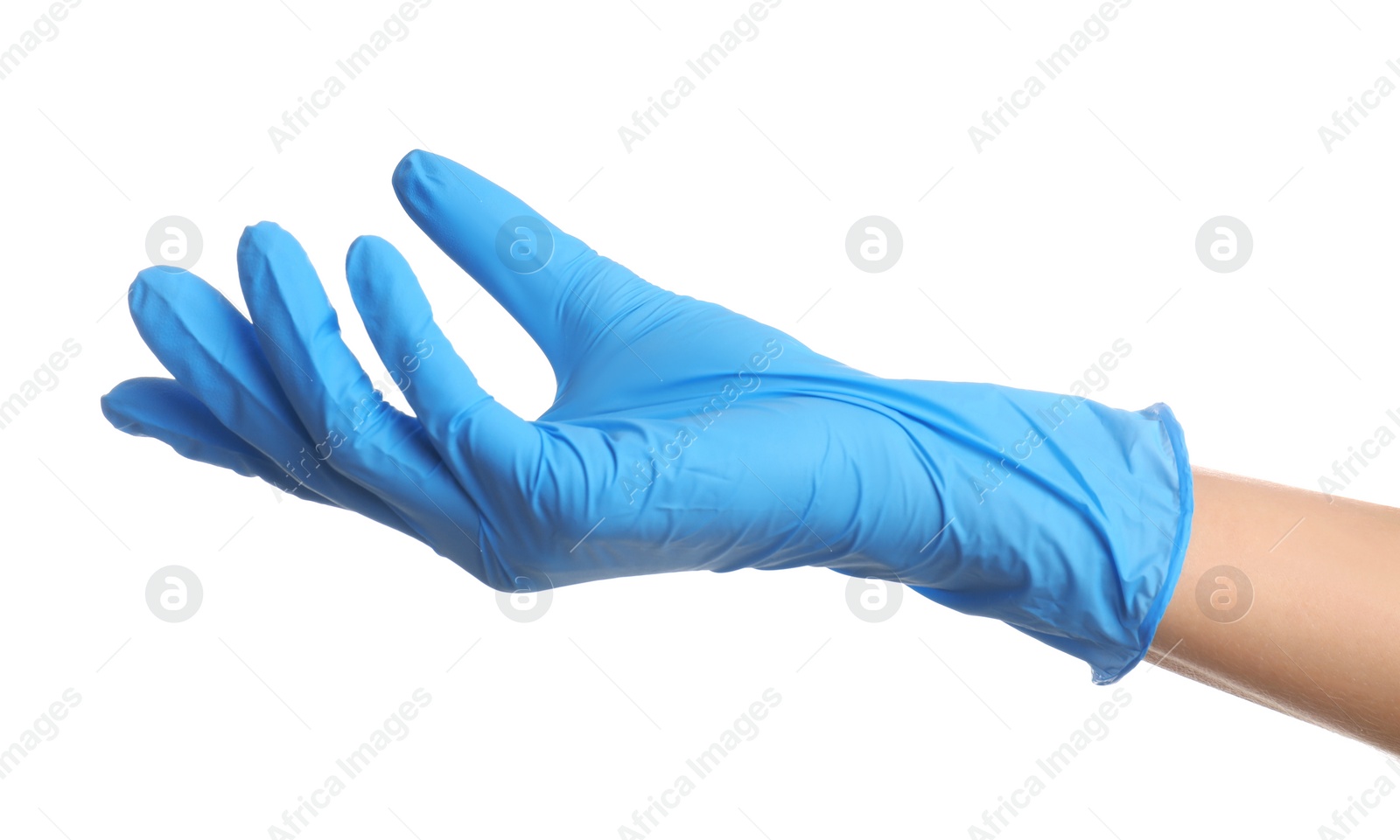 Photo of Doctor wearing medical gloves on white background, closeup