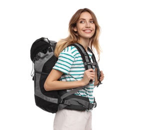 Woman with backpack on white background. Summer travel
