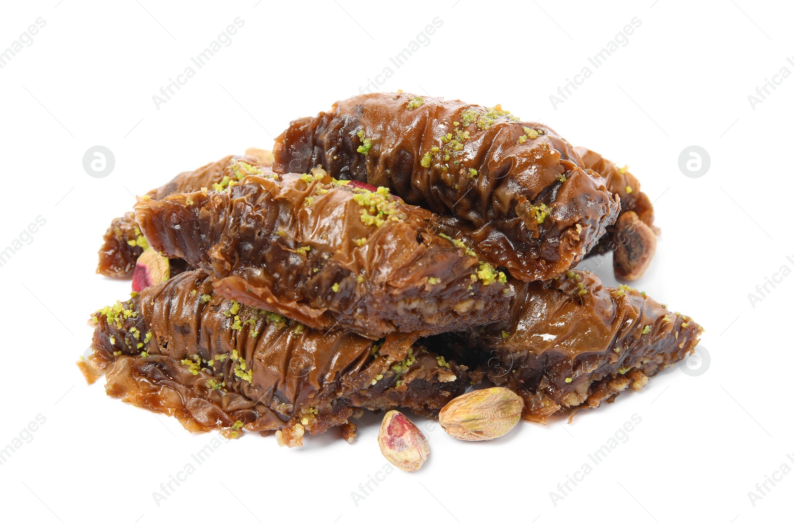 Photo of Delicious baklava with pistachio nuts on white background