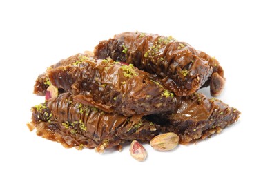 Photo of Delicious baklava with pistachio nuts on white background