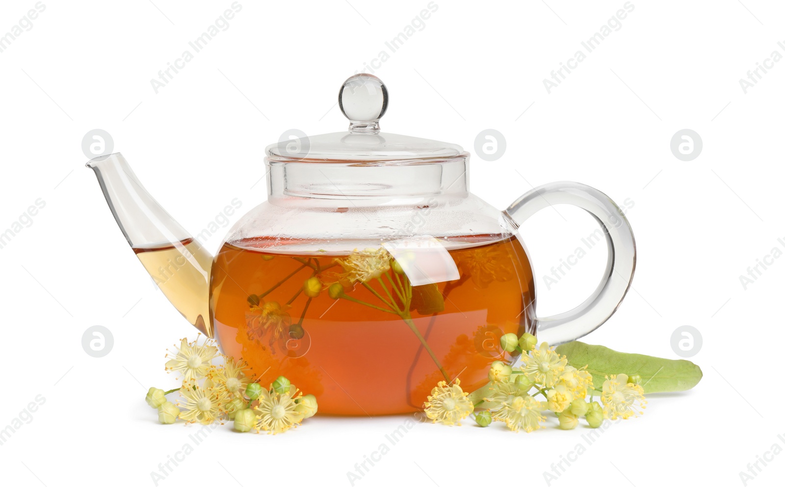 Photo of Tasty tea and linden blossom on white background