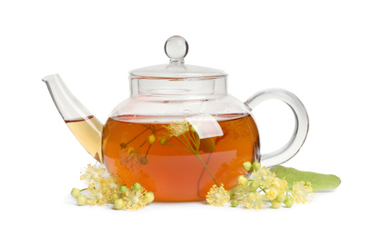 Photo of Tasty tea and linden blossom on white background