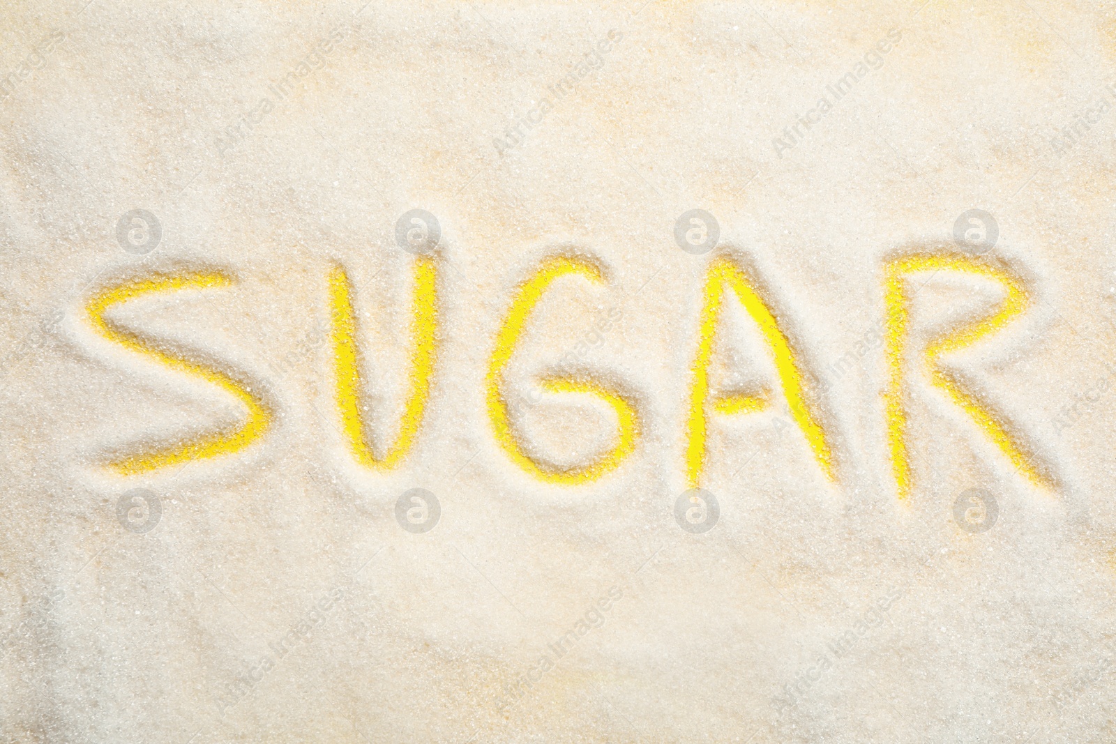 Photo of Composition with word SUGAR on yellow background, top view