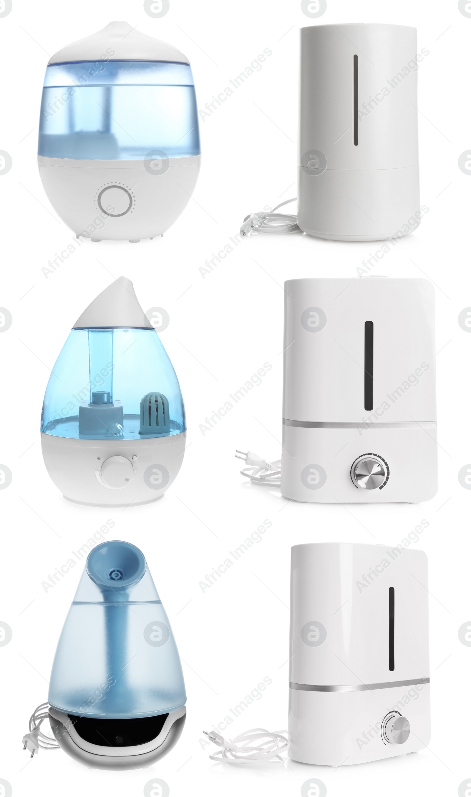 Image of Set of modern air humidifiers on white background