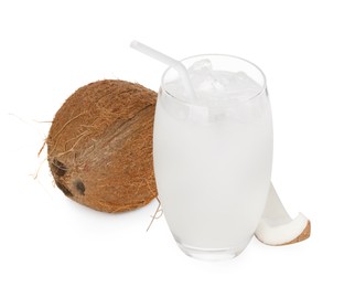 Photo of Glass of coconut water, ice cubes and nuts isolated on white