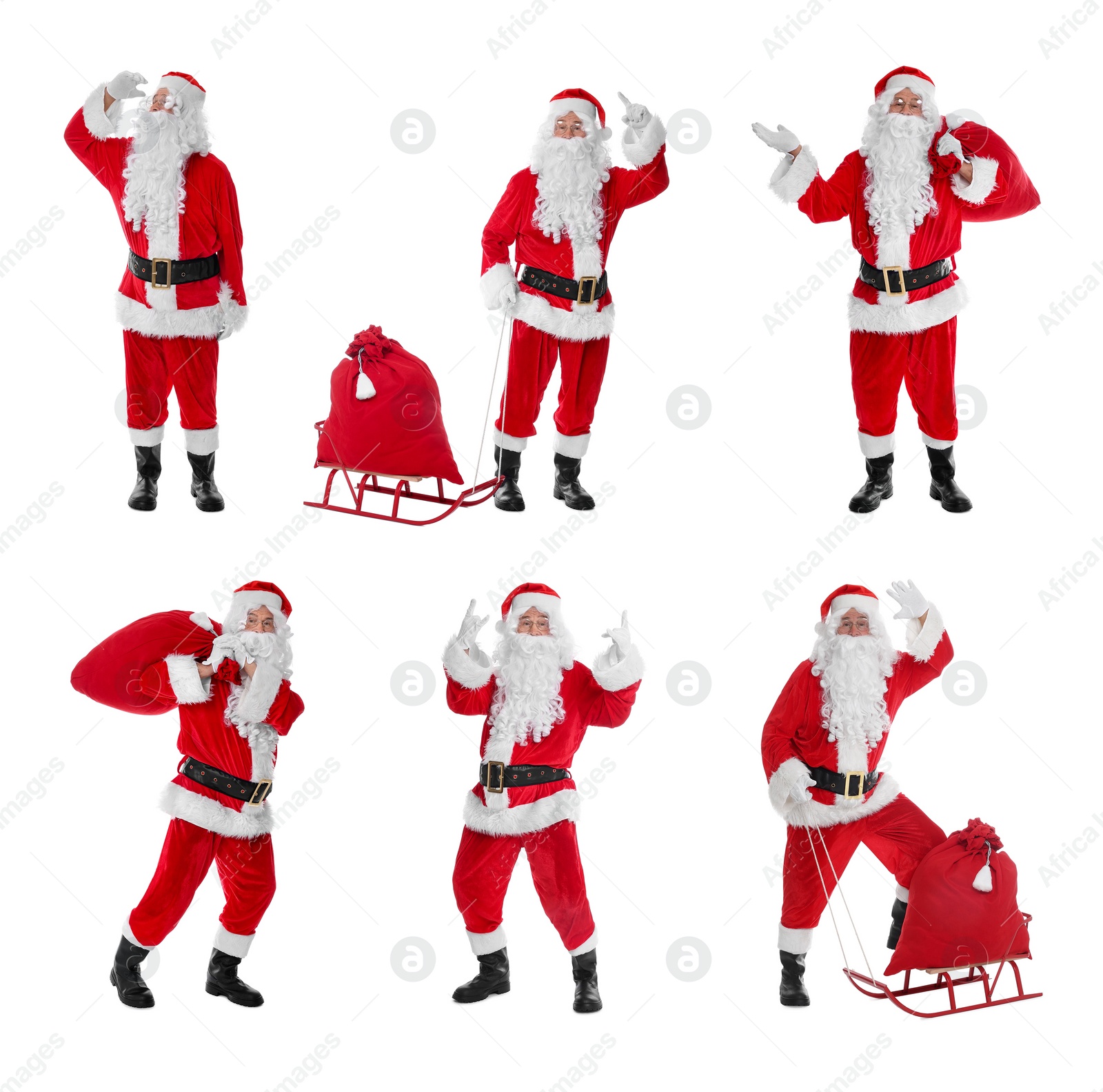 Image of Santa Claus on white background, set of photos. Christmas celebration