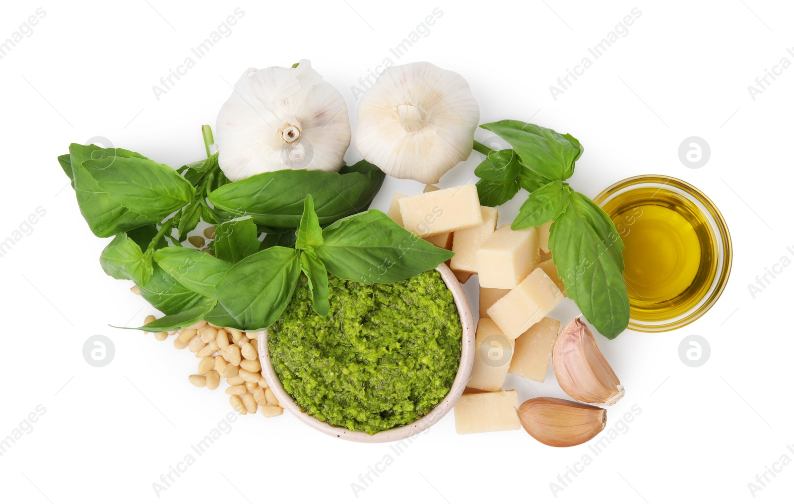 Photo of Different ingredients for cooking tasty pesto sauce isolated on white, top view