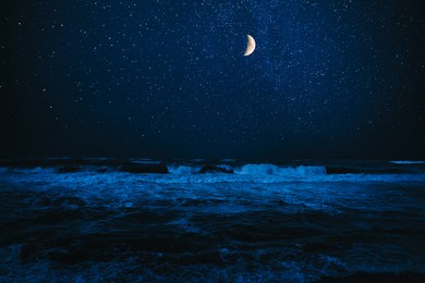 Image of Crescent moon in starry sky over sea at night