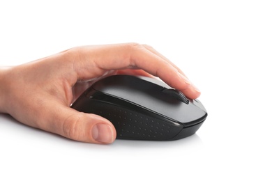 Woman using computer mouse on white background, closeup of hand