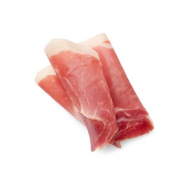Photo of Slice of tasty jamon isolated on white, top view