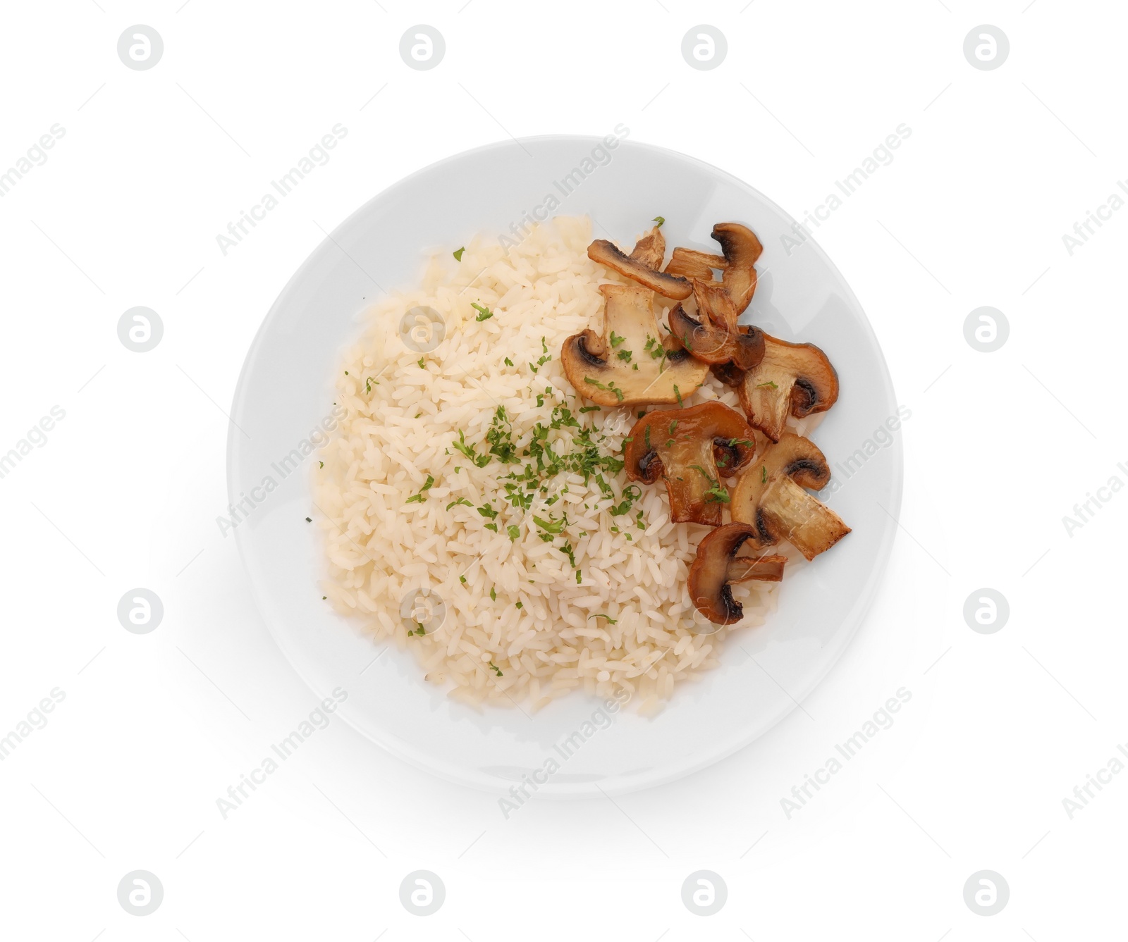 Photo of Delicious rice with parsley and mushrooms isolated on white, top view