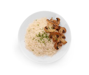 Delicious rice with parsley and mushrooms isolated on white, top view