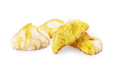 Photo of Tasty homemade lemon cookies on white background