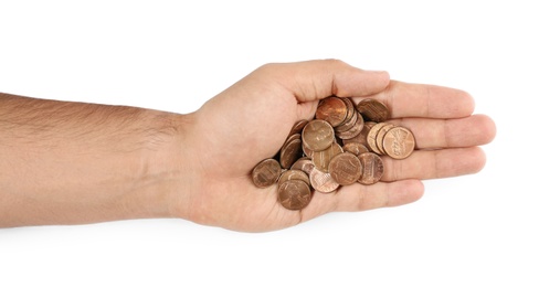 Photo of Young man holding coins on white . Closeup