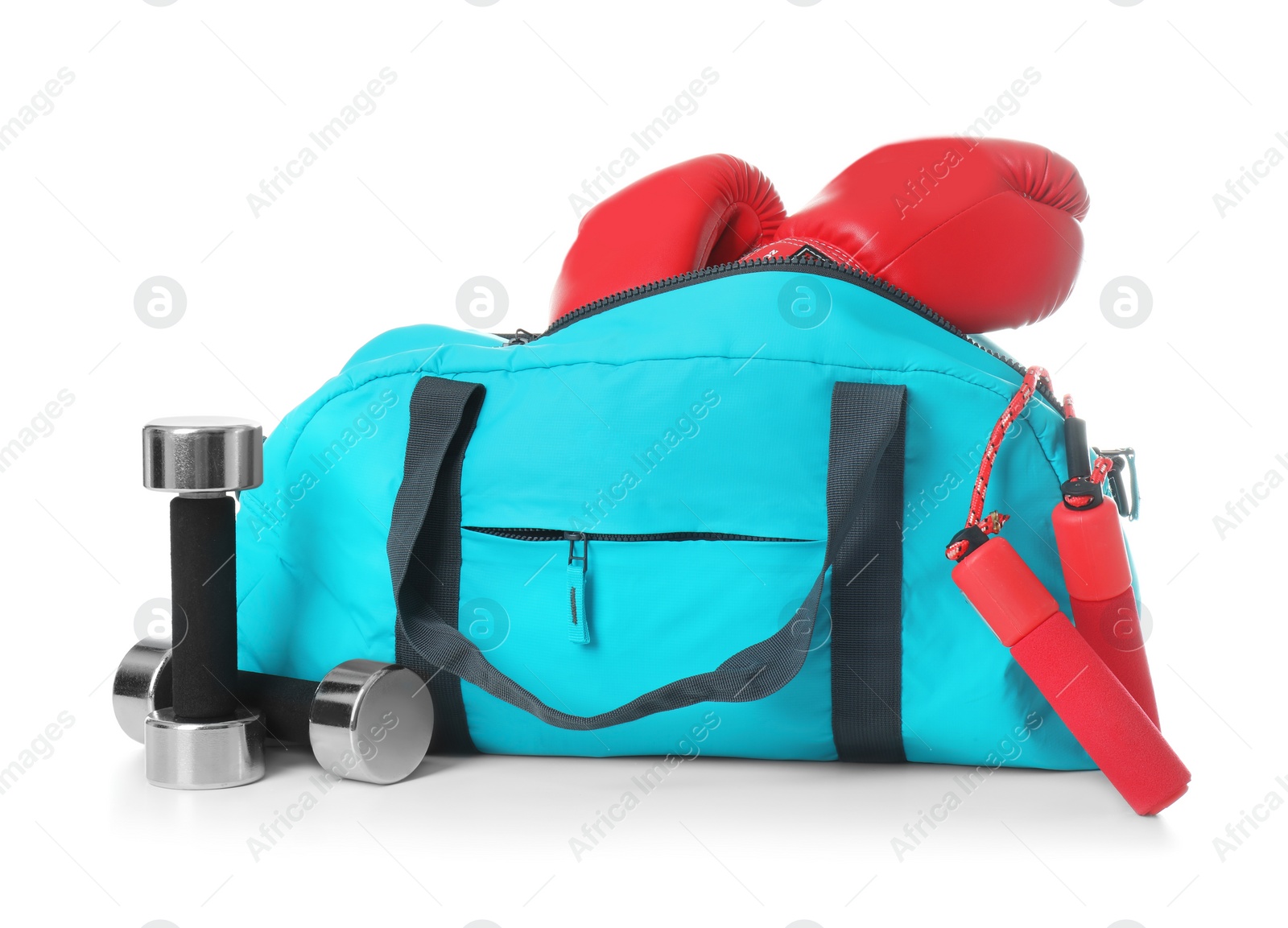 Photo of Sports bag and gym stuff on white background