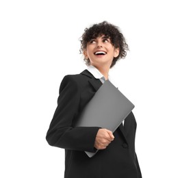 Photo of Beautiful happy businesswoman with laptop on white background, low angle view