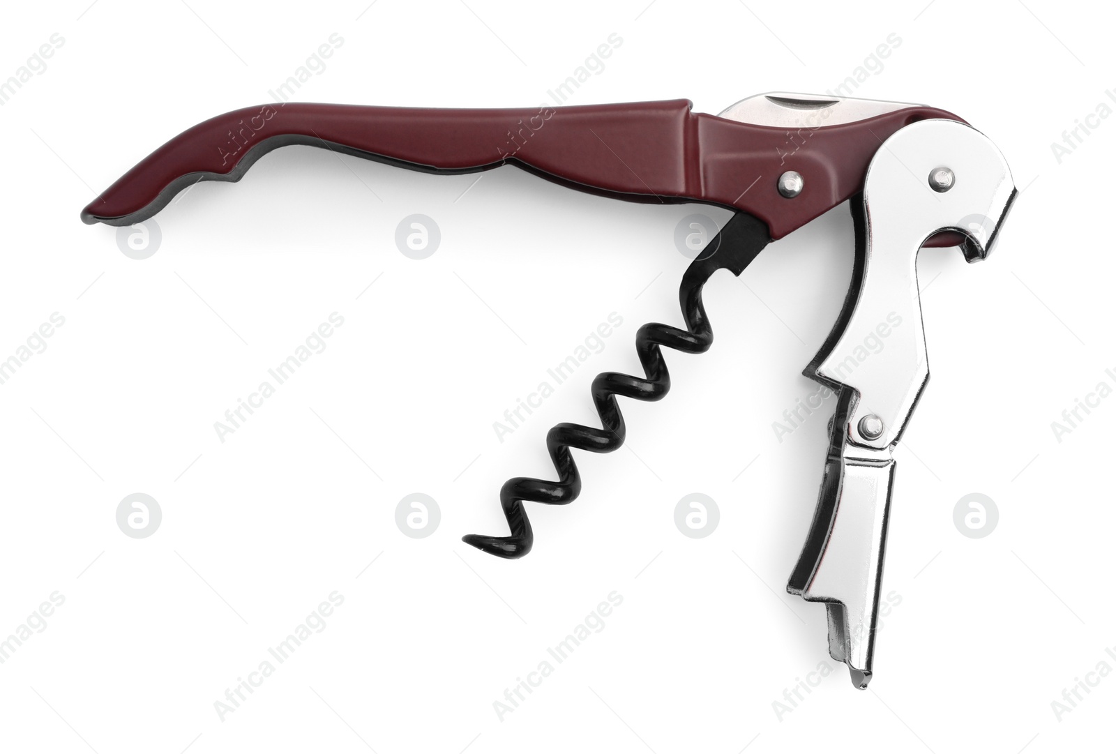 Photo of One corkscrew (sommelier knife) isolated on white, top view