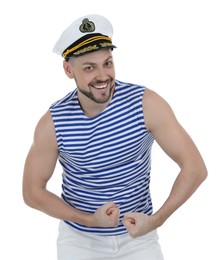 Photo of Happy sailor showing biceps on white background