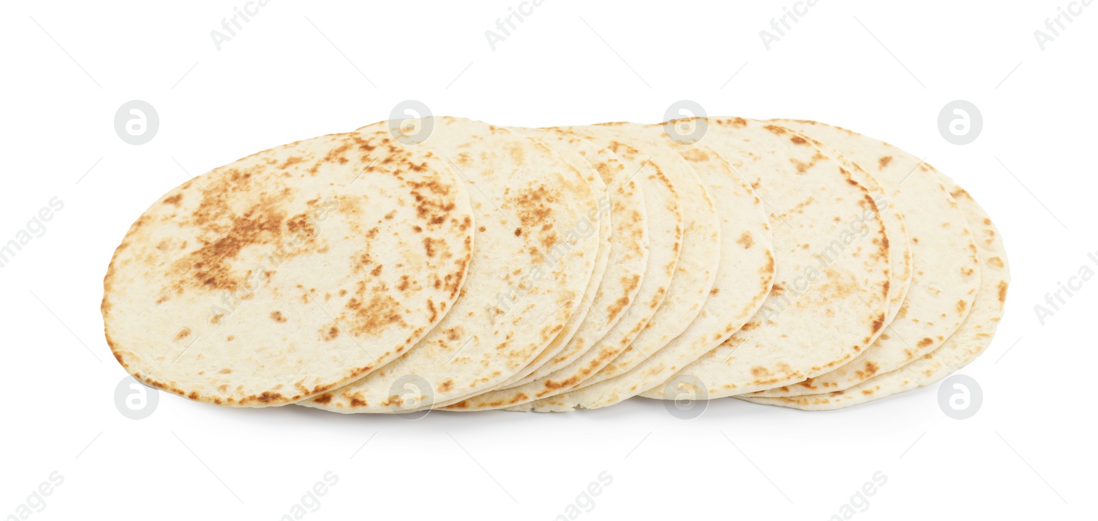 Photo of Many tasty homemade tortillas isolated on white