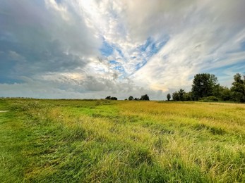 Picturesque view of green field and cloudy sky