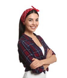 Fashionable young woman in stylish outfit with bandana on white background