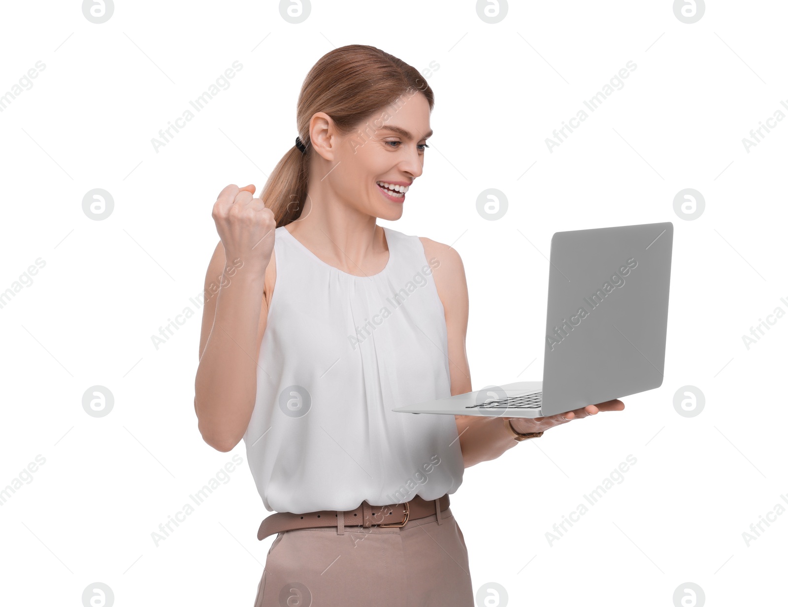 Photo of Beautiful excited businesswoman with laptop on white background