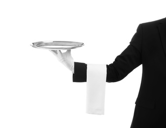Waiter holding metal tray on white background