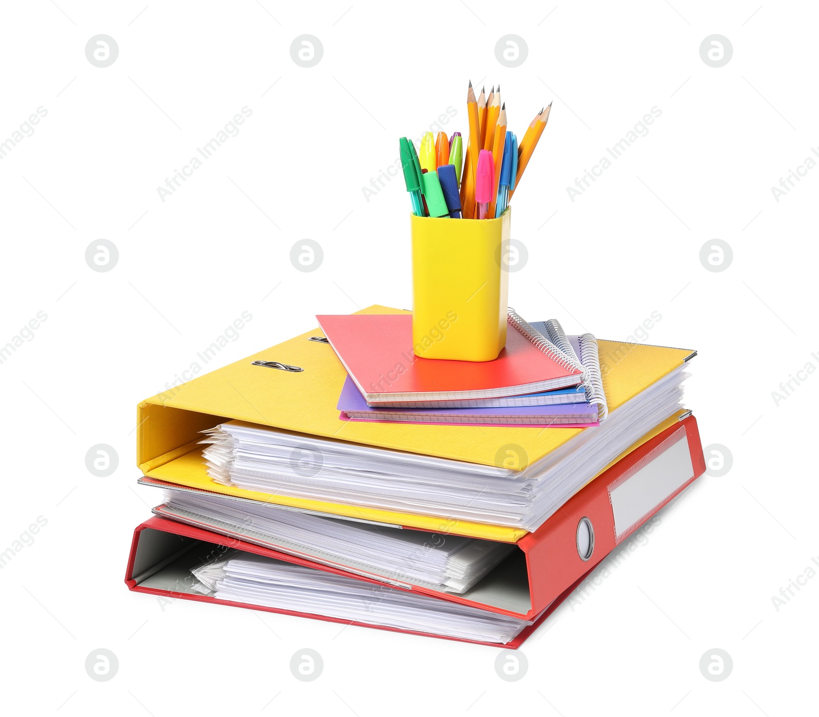 Photo of Bright office folders and different stationery isolated on white