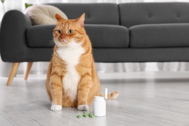 Photo of Cute ginger cat and vitamin pills indoors. Space for text