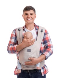 Photo of Father holding his child in baby carrier on white background