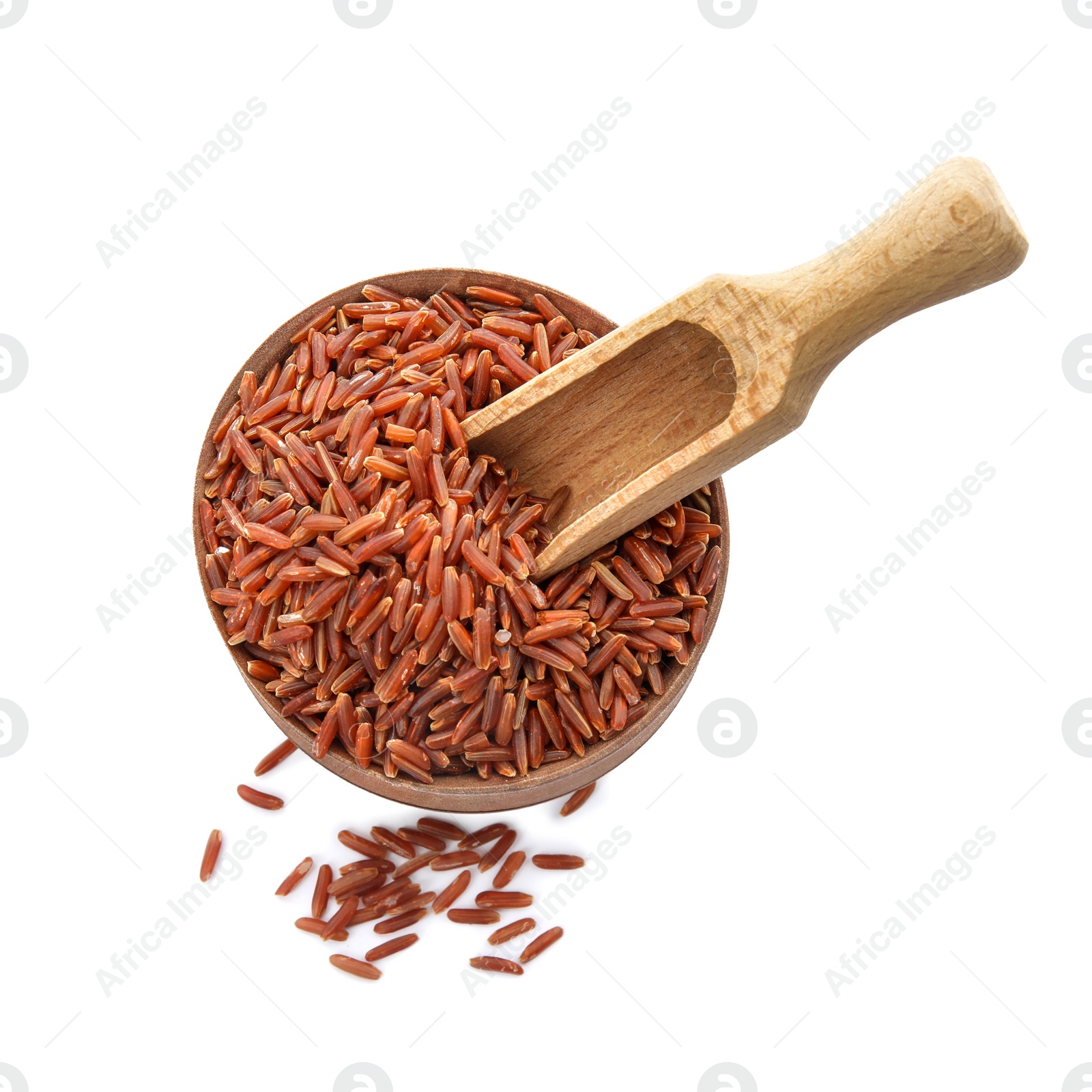 Photo of Bowl and scoop with uncooked red rice on white background, top view