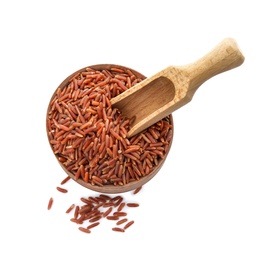 Photo of Bowl and scoop with uncooked red rice on white background, top view