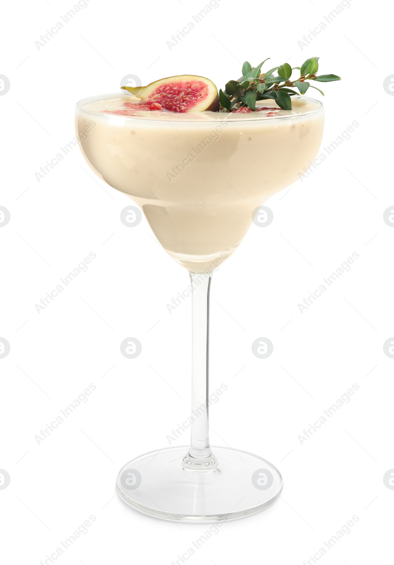 Photo of Delicious fig smoothie in glass on white background