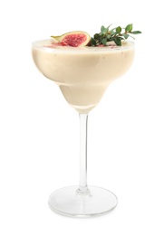 Delicious fig smoothie in glass on white background